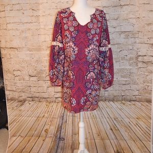 Pink Owl Boho Print Long Sleeve Shift Mini Dress